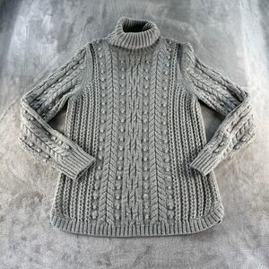 GAP Women L Light Grey Cable Knit Turtleneck Sweater Wool Cotton Fisherman Core